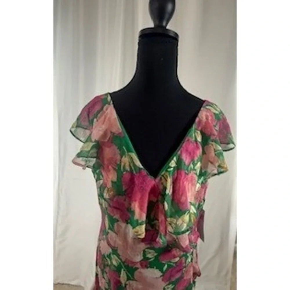 London Times Fashion Green Pink Floral Maxi Dress Ruffle Chiffon Gown Size 12 - Picture 8 of 8